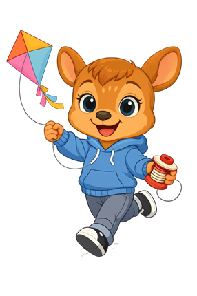 Happy cartoon deer flying a kite representing joyful childhood learning