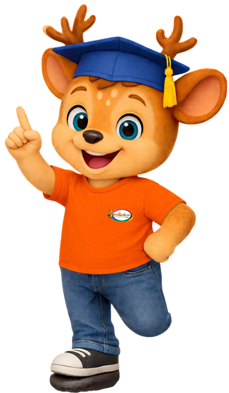 Cute cartoon deer mascot wearing graduation cap and orange t-shirt for preschool branding